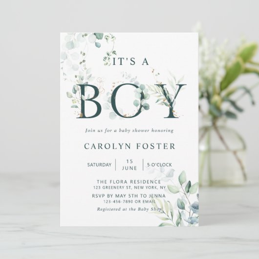 Eucalyptus Botanische Letter Boy Baby shower Kaart (Staand voorkant)