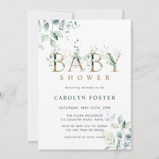 Eucalyptus Botanische Letter Gold Baby shower Kaart (Voorkant)