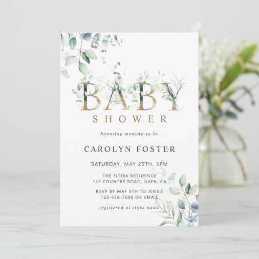 Eucalyptus Botanische Letter Gold Baby shower Kaart (Staand voorkant)