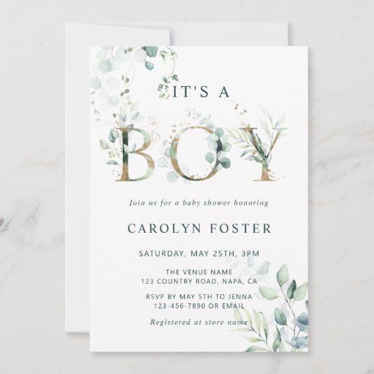 Eucalyptus Botanische Letter Gold Boy Baby shower Kaart (Voorkant)