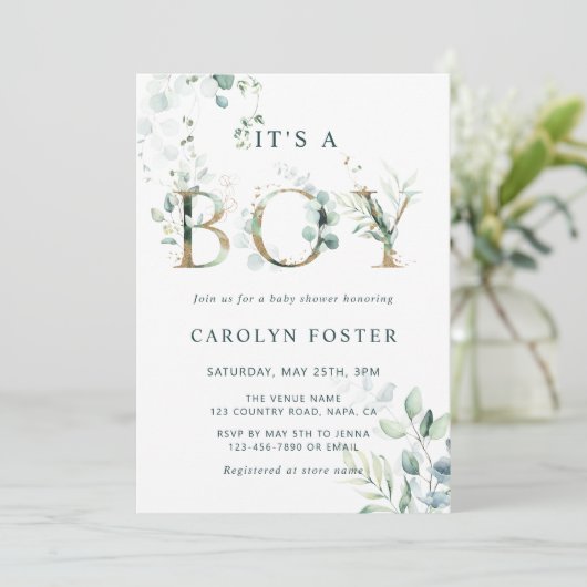 Eucalyptus Botanische Letter Gold Boy Baby shower Kaart (Staand voorkant)