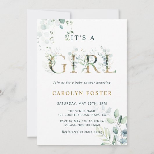 Eucalyptus Botanische Letter Gold Girl Baby shower Kaart (Voorkant)