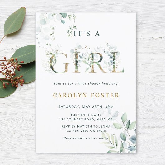 Eucalyptus Botanische Letter Gold Girl Baby shower Kaart