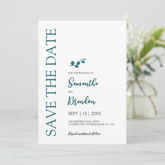 Eucalyptus botanische minimalistische bruiloft save the date (Staand voorkant)