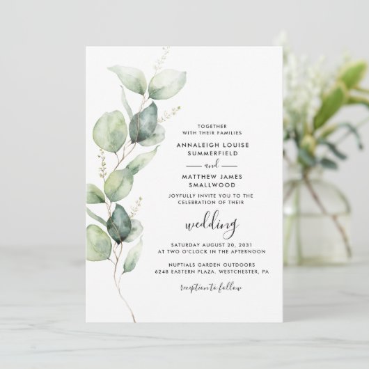 Eucalyptus Botanische QR-code Minimale bruiloft Kaart (Staand voorkant)