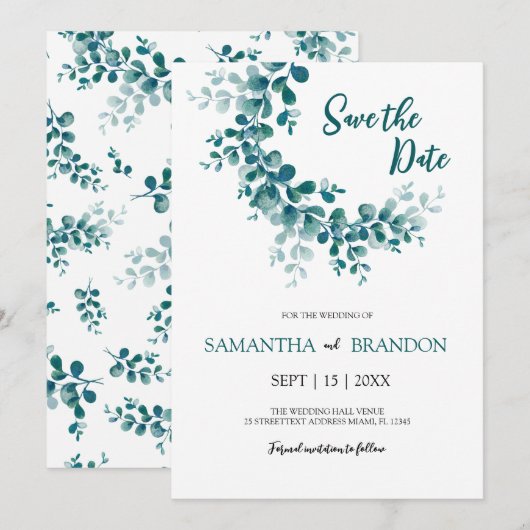 Eucalyptus botanische rustieke groen minimalistisc save the date (Voorkant / Achterkant)