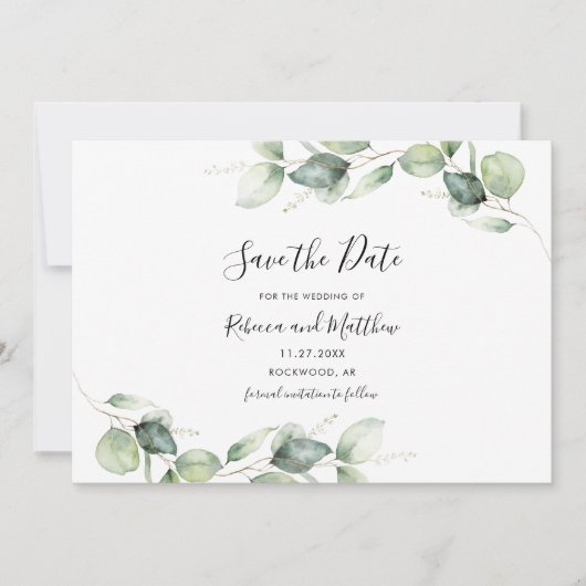 Eucalyptus Botanische Script Minimalist Save The Date (Voorkant)