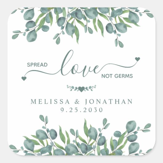 Eucalyptus Botanische Spread Love Not Germs Weddin Vierkante Sticker (Voorkant)