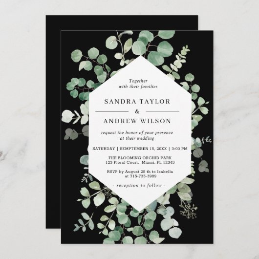 Eucalyptus Botanische Zwarte Chic bruiloft uitnodi Kaart (Voorkant / Achterkant)
