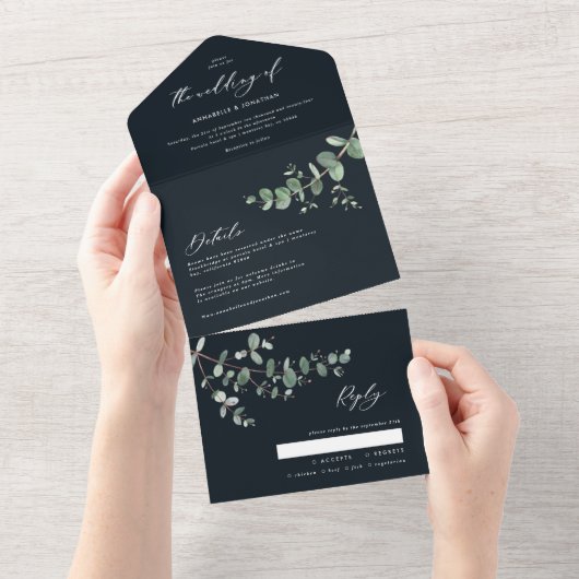 Eucalyptus botanische zwarte uitnodiging + rsvp (Afscheurbaar)