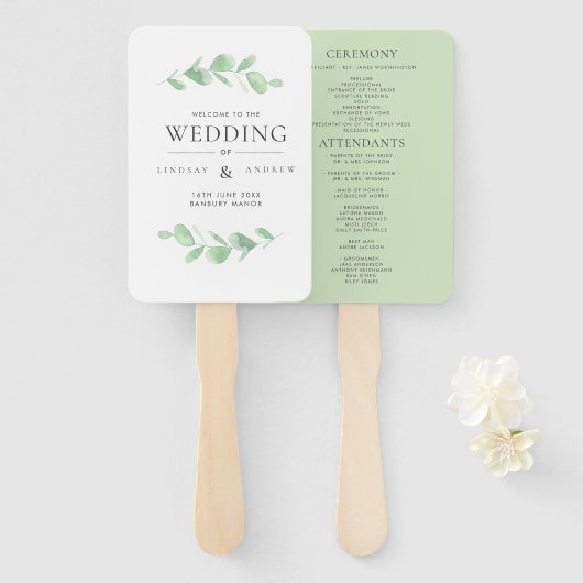 Eucalyptus Bough Waterverf Wedding Programme Handwaaier (Voorkant en achterkant)