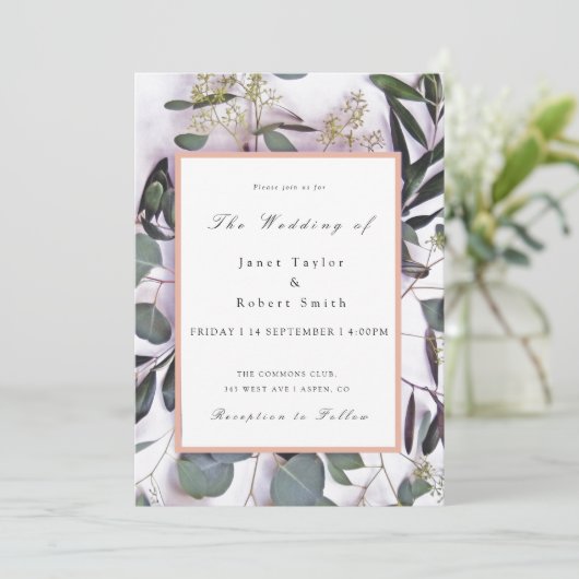 Eucalyptus Bouquet met roze rand huwelijk Kaart (Staand voorkant)