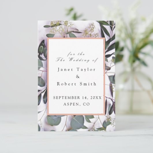 Eucalyptus Bouquet met roze rand huwelijk Save The Date (Staand voorkant)