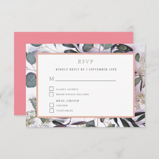 Eucalyptus Bouquet met roze rand RSVP (Voorkant / Achterkant)