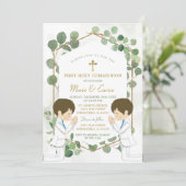 Eucalyptus Boy Twins Groen Goud Heilige Communie Kaart (Staand voorkant)