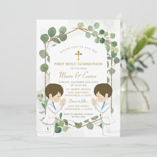 Eucalyptus Boy Twins Groen Goud Heilige Communie Kaart (Staand voorkant)