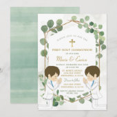 Eucalyptus Boy Twins Groen Goud Heilige Communie Kaart (Voorkant / Achterkant)