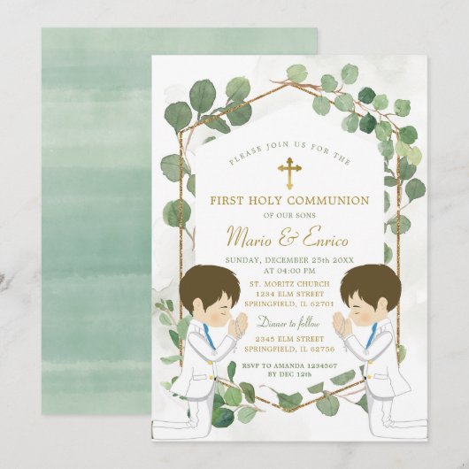 Eucalyptus Boy Twins Groen Goud Heilige Communie Kaart (Voorkant / Achterkant)