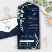 Eucalyptus Branch Foliage Navy Blue Wedding All In One Uitnodiging