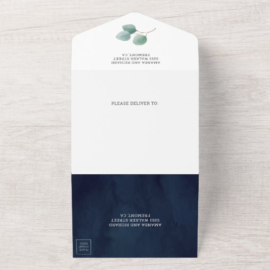 Eucalyptus Branch Foliage Navy Blue Wedding All In One Uitnodiging (Buitenkant)