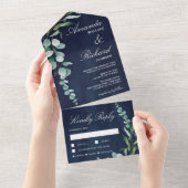 Eucalyptus Branch Foliage Navy Blue Wedding All In One Uitnodiging (Afscheurbaar)