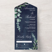 Eucalyptus Branch Foliage Navy Blue Wedding All In One Uitnodiging (Binnen)