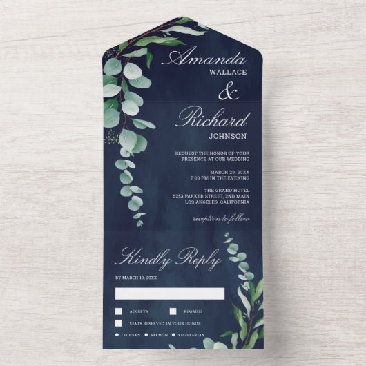 Eucalyptus Branch Foliage Navy Blue Wedding All In One Uitnodiging (Binnen)