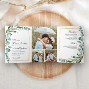 Eucalyptus Branch Gold Lijst Foto Collage Wedding Drieluik Uitnodiging
