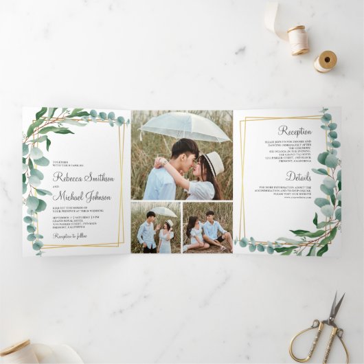 Eucalyptus Branch Goud Lijst Fotocollage Huwelijk Drieluik Uitnodiging (Binnen)