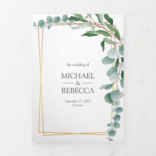Eucalyptus Branch Goud Lijst Fotocollage Huwelijk Drieluik Uitnodiging (Cover)