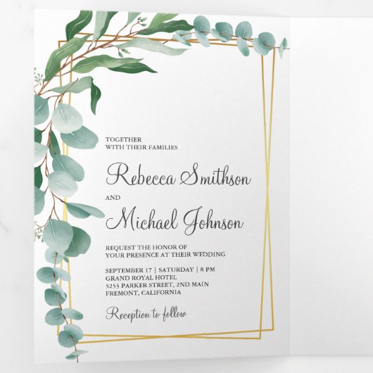 Eucalyptus Branch Goud Lijst Fotocollage Huwelijk Drieluik Uitnodiging (Binnenzijde eerst)