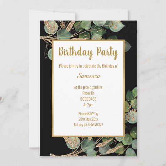 Eucalyptus Branch Green Gold Trim Birthday Kaart (Voorkant)