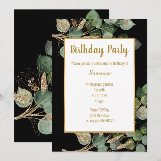 Eucalyptus Branch Green Gold Trim Birthday Kaart (Voorkant / Achterkant)