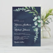 Eucalyptus Branch Navy Blue QR Code Weddenschap Kaart (Staand voorkant)