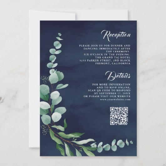 Eucalyptus Branch Navy Blue QR Code Weddenschap Kaart (Achterkant)