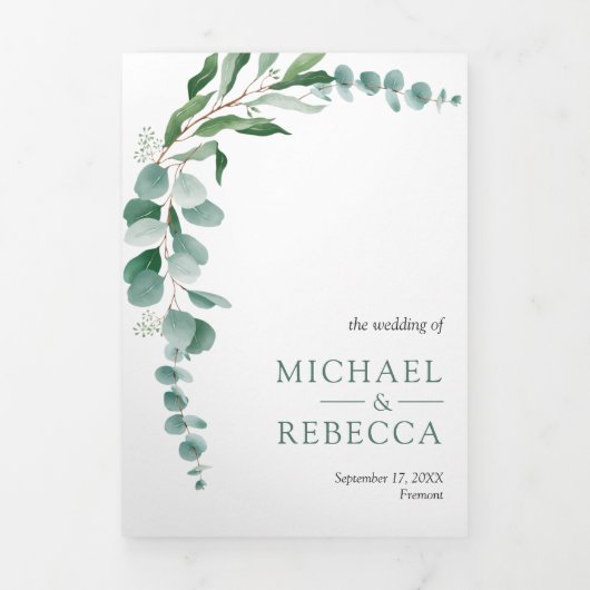 Eucalyptus Branch Photo Collage QR Code Weddenscha Drieluik Uitnodiging (Cover)