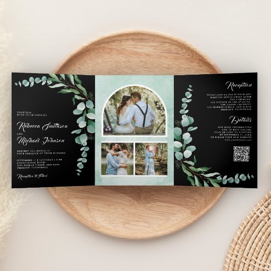 Eucalyptus Branch Photo QR Code Black Wedding Drieluik Uitnodiging