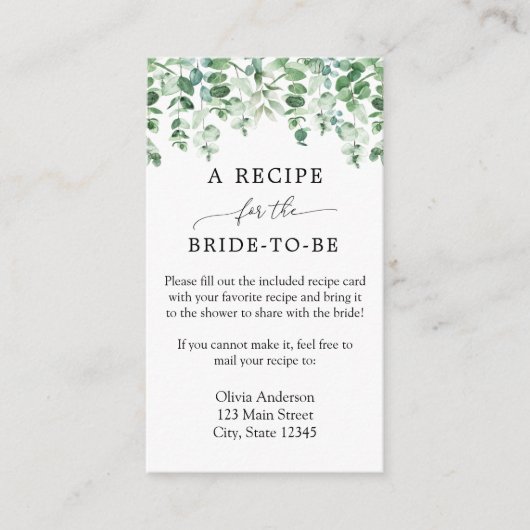 Eucalyptus Bridal Recipe Enclosure Card Informatiekaartje (Voorkant)