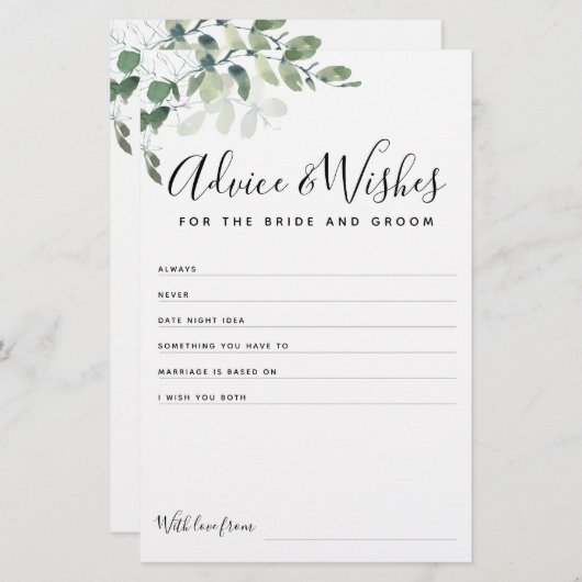 Eucalyptus Bride en Groom Advice wenst Kaart (Voorkant / Achterkant)