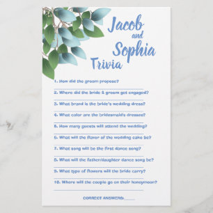EUCALYPTUS BRIDE EN GROOM TRIVIA SHOWER GAME KAART