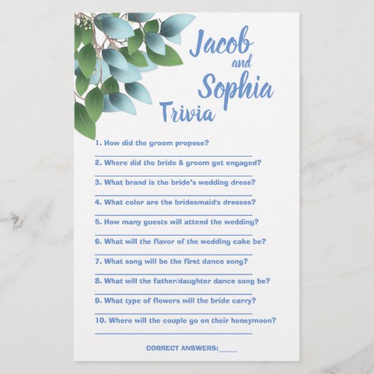EUCALYPTUS BRIDE EN GROOM TRIVIA SHOWER GAME KAART (Voorkant)