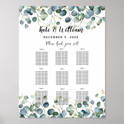 Eucalyptus bruiloft bloementafel plan feest/bruilo poster (Voorkant)