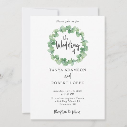Eucalyptus Bruiloft Elegante krans Lettering blad Kaart (Voorkant)