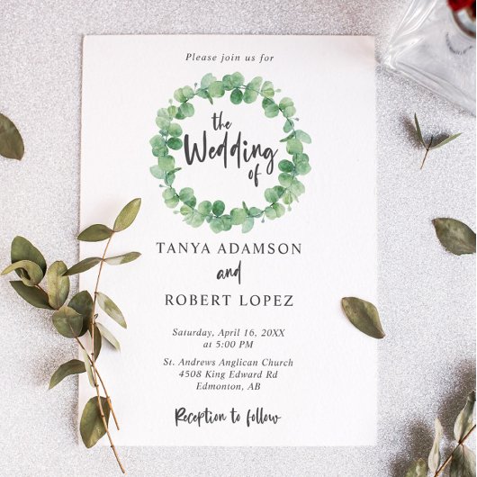 Eucalyptus Bruiloft Elegante krans Lettering blad Kaart