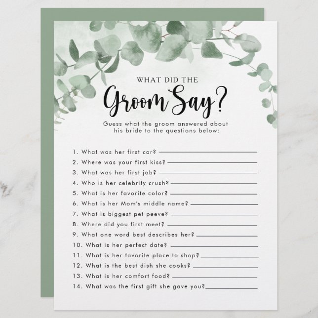 Eucalyptus Bruiloft Feest Wat zei de Bruidegom (Voorkant / Achterkant)