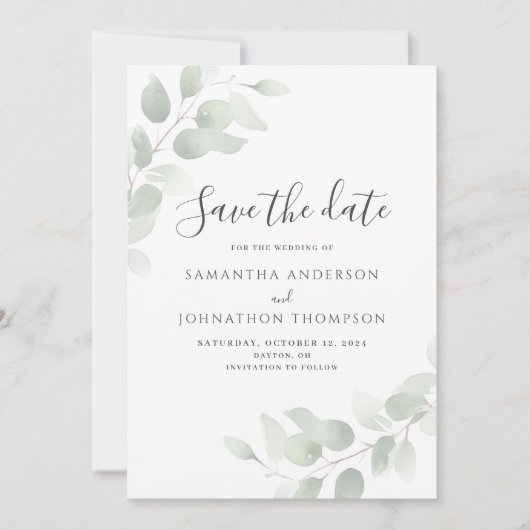 Eucalyptus Bruiloft Flat Save The Date Kaart (Voorkant)