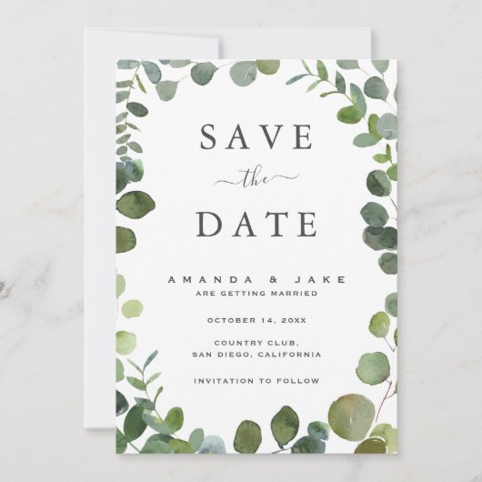 Eucalyptus Bruiloft Flat Save The Date Kaart (Voorkant)