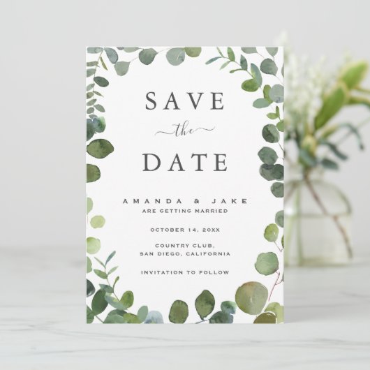 Eucalyptus Bruiloft Flat Save The Date Kaart (Staand voorkant)