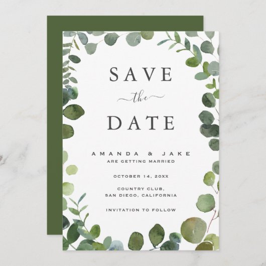 Eucalyptus Bruiloft Flat Save The Date Kaart (Voorkant / Achterkant)