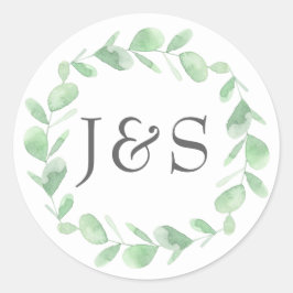 Eucalyptus bruiloft gepersonaliseerde initiaal sti ronde sticker